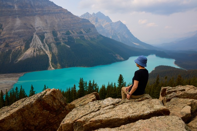 Virginia at Peyto Lake at Alberta. Bluest lake we ever seen!