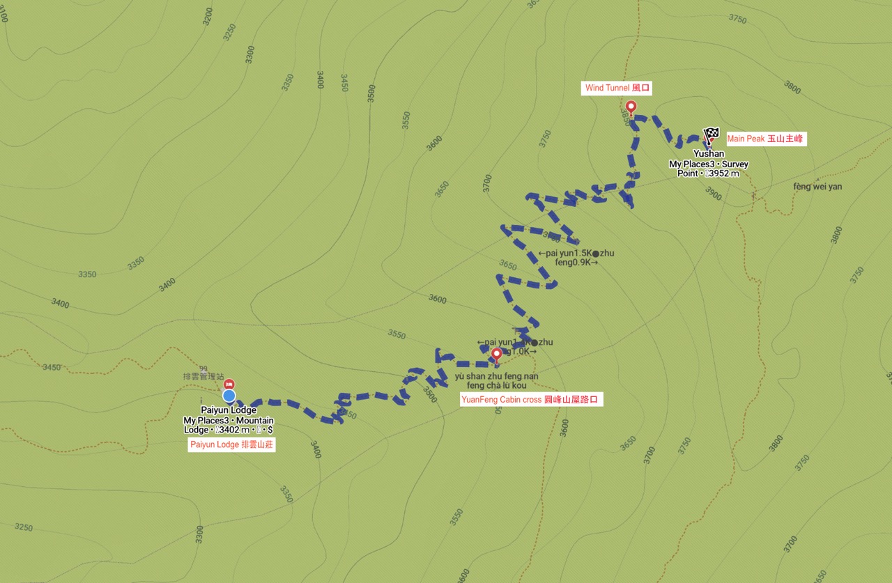 Yushan Trail Map from Paiyun Lodge to Summit